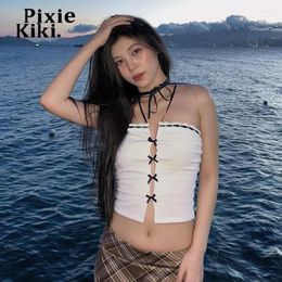 Tanques de mujer Pixiekiki Coquette Knit White Tank Top Streetwear Y2K Ropa Girly Lindo Arco Lace Up Crop Tops para mujeres Verano 2024 P85-BF10