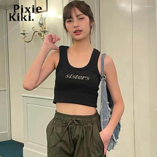 Tanks pour femmes Pixiekiki Letters Rhinestone Crop Tops japonais 2000S Style Y2K Casual Ribbed Top Clothes Summer Femme 2024 P70-AE11