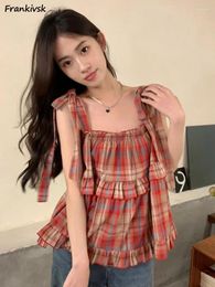 Tanks pour femmes Plaid Femmes Mignon Style Japonais Cordon Volants Rétro Doux Mode Quotidien Lâche Été Mori Girl Tops Élégant