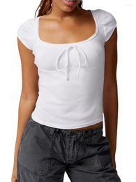 Damestanktops Playera De Verano Manga Corta Para Mujer Y2K Con Cuello Cuadrado Blusa Ajustada V-cute White Parte Superior M