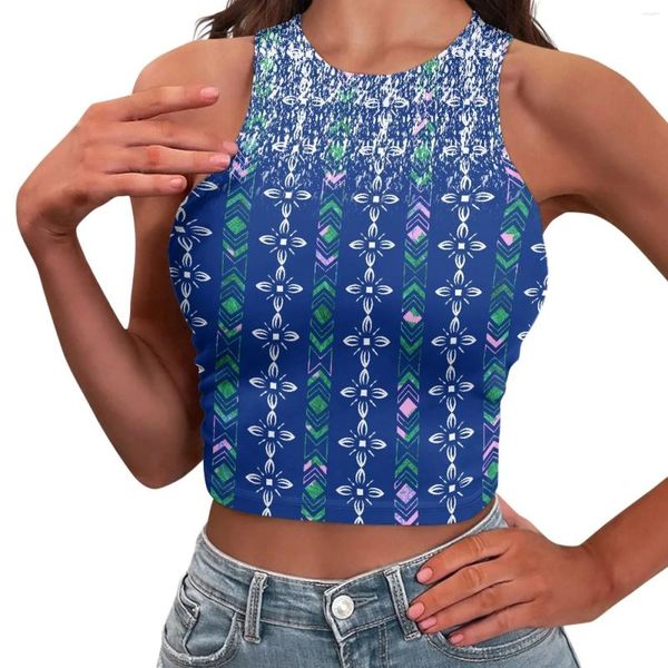 Camisetas sin mangas para mujer, tatuaje de tótem hawaiano tribal polinesio, estampados hawaianos, camiseta sin mangas azul informal para mujer, camiseta sin mangas ajustada Sexy, comodidad tipo X, diseño de espalda