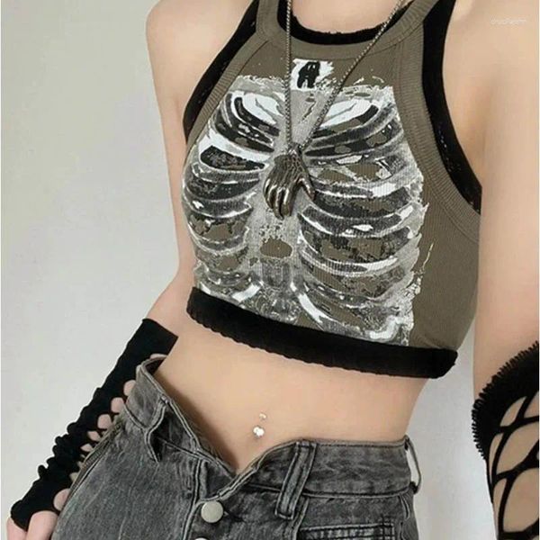 Tanks pour femmes Punk Esthétique Cyber Rétro X-ray Squelette Imprimer Côte Sans Manches Gilet ArmyGreen Crop Top Designer Vêtements Femmes 2024 Été Emo