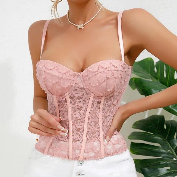 Tanques de mujer Push Up Bra Camisola Sexy Mujeres Pink Lace Sheer Crop Top Correa de espagueti Cuello en V Camis Ropa de lujo Corsé de tanque transparente