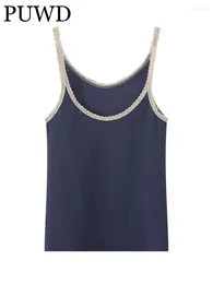 Tanques de mujer PUWD Mujeres Algodón Navy Camis 2024 Verano Vintage Ladies Lace Edge Sin mangas Chic Tops Mujer Color Sólido Cultivo