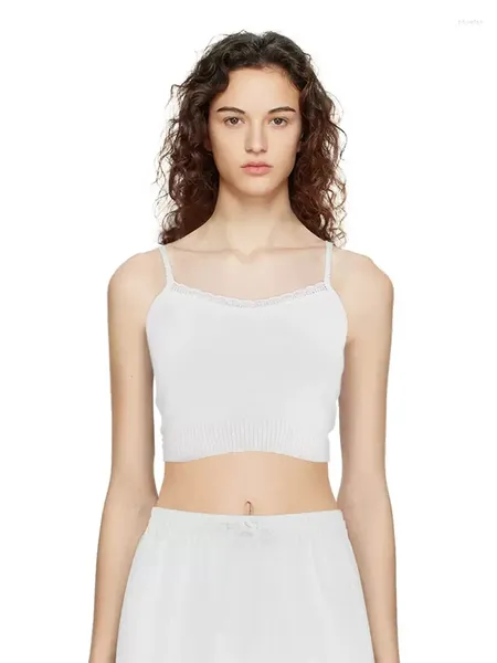 Réservoirs pour femmes PUWD Femmes Coton Blanc Dentelle Bord Tricot Camis 2023 Mode d'été Dames Sans Manches Couleur Unie Femme Crop Tops