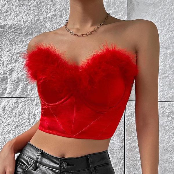 Débardeurs pour femmes Couleur rouge Plume Design Crop Tops Couture Tube Top Low-Cut Court Vêtements d'extérieur Vêtements Femme Night Club Tenues