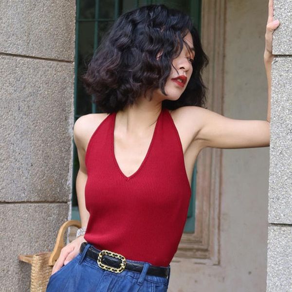 Camiseta sin mangas roja con escote en V profundo para Mujer