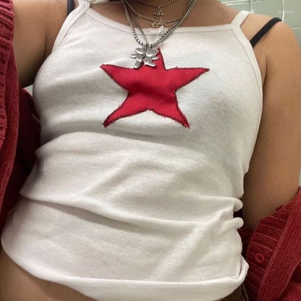 Débardeurs pour femmes Red Pentagram Patched Crop Top Summer Spaghetti Strap Camisole Y2K Aesthetics Cute Girls Tank 90s Vintage Grunge Streetwear