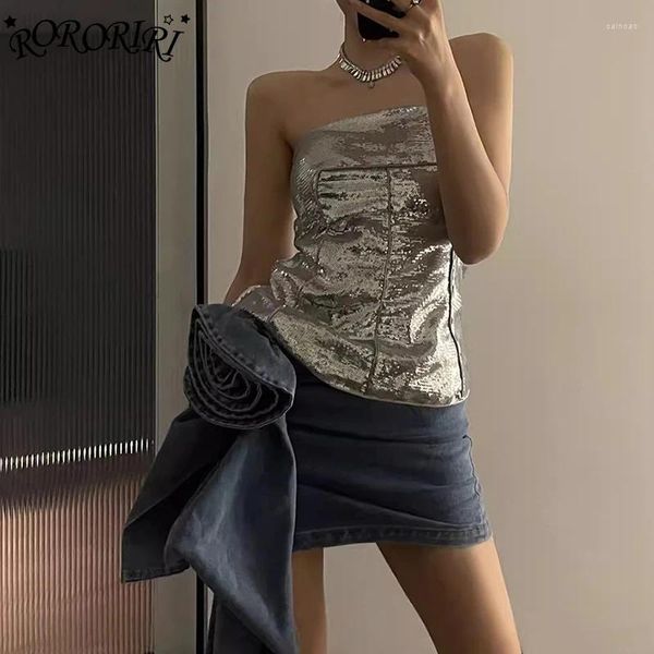 Tanks pour femmes Rororiri Sparkle Sequin Corset Tube Top Top Women Silver Vintage Y2K Zip-Up Offre épaule sans manches