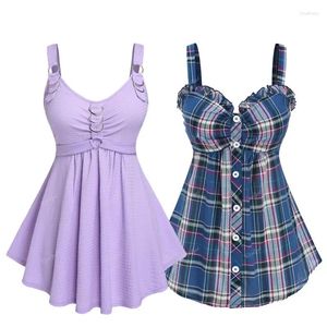 Tanks pour femmes Rosegal Plus Taille Femmes Summer Streetwear Vest Light Purple Texturé D-Ring Blue Plaid Boutons Ruché Camis Top