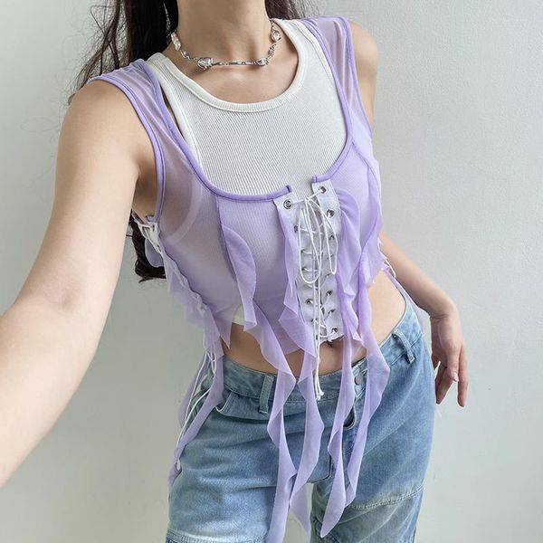 Débardeurs pour femmes Ruffle Fairy Vest Tops See-Through Sleeves Mesh Sheer Crop Tank Women Summer Cross Tie-up Bretelles Ourlet irrégulier