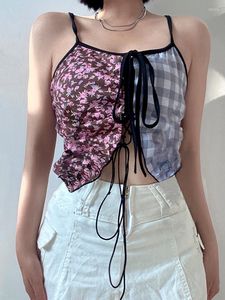 Débardeurs pour femmes SEASONS Contrast Color Camis Plaid Floral Print Chic Patchwork Front Tie Up Crop Top Y2k Aesthetic Summer Sleeveless Shirt