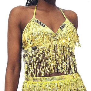 Débardeurs pour femmes Sequin Camis Golden Tassel Crop Top Vêtements pour femmes Halter Strap Tank Belly Dance Club Party Boho Festival Shinny Shirt