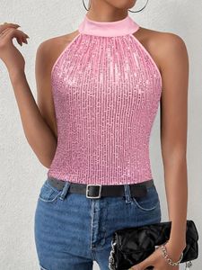 Damestanks lovertjes stropdas roze halter tops elegante bling mouwloze blouses voor zomer dames disco avondfeest sparyle kleding