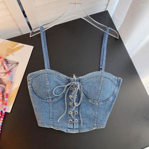 Débardeurs pour femmes Sexy American Fashion Métal Laçage Denim Tissu Camis Grunge Biker Bow Back Zipper Crop Top Off Épaule Tuniques Dos Nu