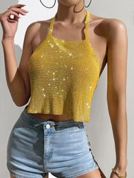 Débardeurs Femmes Sexy Dos Nu Femmes Top Strass Glitter Cristaux Crop Night Club Party Vêtements Pour Femmes Halter Basic Avec Dos Ouvert