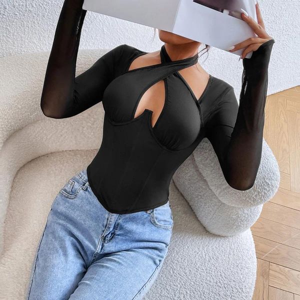 Débardeurs pour femmes Sexy Noir Sheer Corset Crop Tops Été Femme Vêtements Cross-Licol À Manches Longues Débardeur Tulle T-shirt Bustier Slim Fit