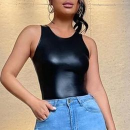 Damestanks Sexy Black Slim Fit Patent Leather Short Vest Tops Fashion Tank Solid Color Round Neck Camisole Top