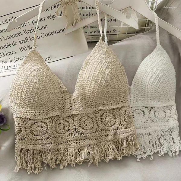 Tanques de mujer Sexy Boho Beach Verano Camisola Halter Mujeres Crochet Punto Traje de baño Sujetador Sin respaldo Chaleco Hollow Borla Tank Top Crop Tops