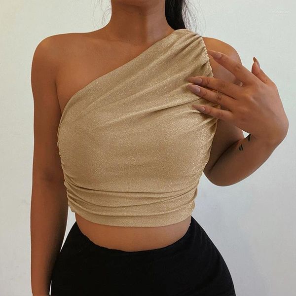 Tanks de femmes sexy Silk brillant One épaule crop top femme Summer Slim Sparkly Sans manches arrière Couleur solide sans réserve de rue décontractée