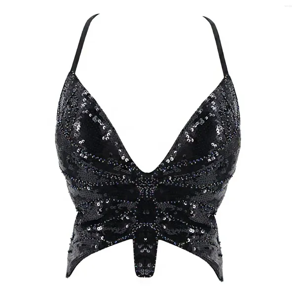 Tanks pour femmes Sexy Butterfly Sequin Crop Top pour femmes Costumes de club sans manches tenues de festival Vêtements V-Neck Tank Bandage Bra Tops