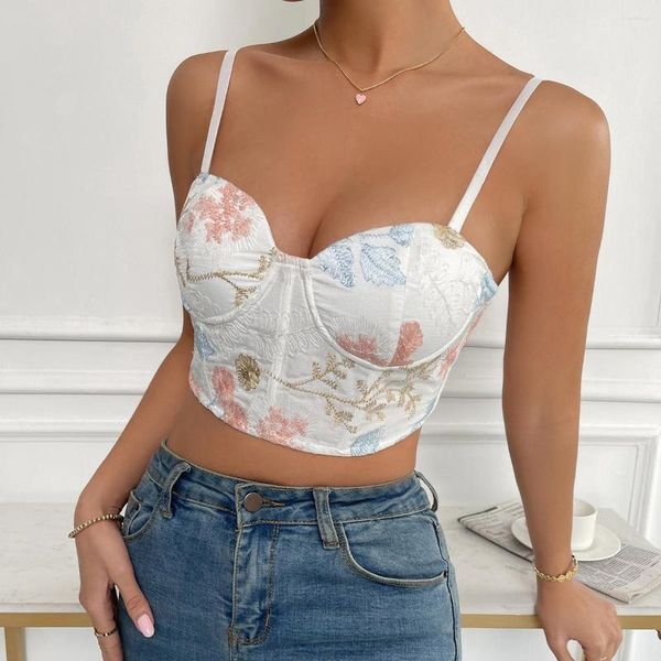 Débardeurs pour femmes Sexy Crop Top Blanc Couleur Fleur Impression Mode Fille Dos Nu Conception Brodée Femme Anneau En Acier Fishbone Poitrine Corset