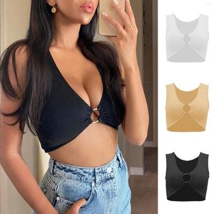 Damestanks sexy crop top dames zomer camis solide kleur v-neck bodycon short vest metal ring tank 2023 feestclub bustier y2k egirl