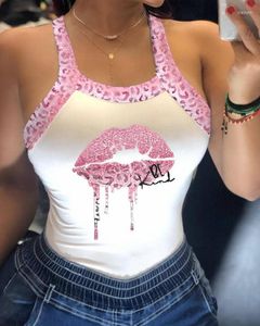 Vrouwen Tanks Sexy Mode 2023 Zomer Top Roze Luipaard Bandjes Lip Print Strik Decor Zelfontplooiing Tank