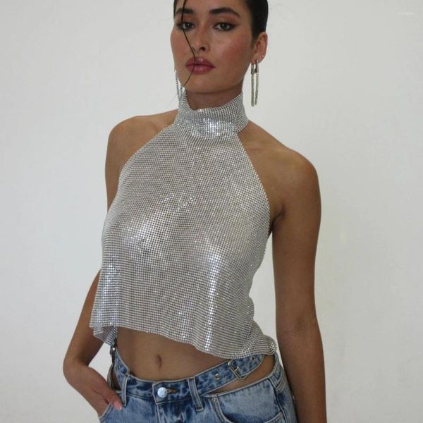 Tanks de femmes mode sexy T-shirts sans manches pour femmes Rave Rave Y2k Sequins métalliques Diamants Top de Noël