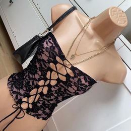 Tanks pour femmes Sexy Front Tie Up Up Hollow Out Crop-top poitrine Vintage Floral Lace Mesh Boob Tube Vest Y2K Fairy Coquette Backless