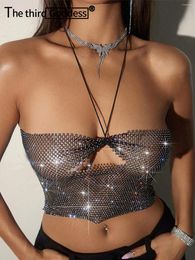 Damestanks Sexy Halter Rhinestone Corset Corset Crop Top Vrouwen Zomer Y2K -kleding Zie door Fishnet Tank Beach Club Party Tops Rave Outfit