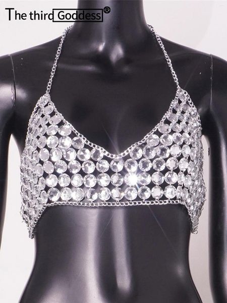 Tanks de mujer Sexy Halter Rhinestone Crop Top Women Summer Ver a través de Corset Body Chain Tank Cropped Club Party Festival Outfit Rave Tops