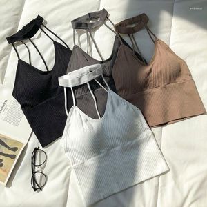 Débardeurs pour femmes Sexy licou débardeur femmes intégré soutien-gorge épaules dénudées couleur unie hauts sans manches Omighty Slim Fit Camisoles Drop