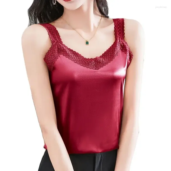 Débardeurs Femmes Sexy Dentelle Patché Femmes Singlet Col V Sans Manches Été Printemps Satin Tops Pour Dame De Mode