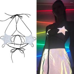 Tanques de mujer Sexy Ladies Cuero Forma de estrella Strappy Bra Bustier Crop Top Bralette Colgando Cuello Vendaje Reflectante Plata Discoteca Chaleco