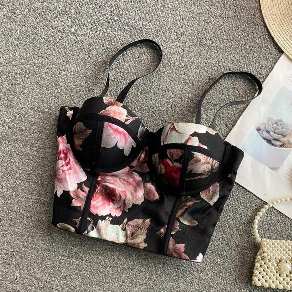 Tanques de mujer Camis con estampado sexy Estilo chino Bustiers florales sólidos Verano fuera del hombro Ahueca hacia fuera Crop Tops Elegante Sheer Bakless Bra