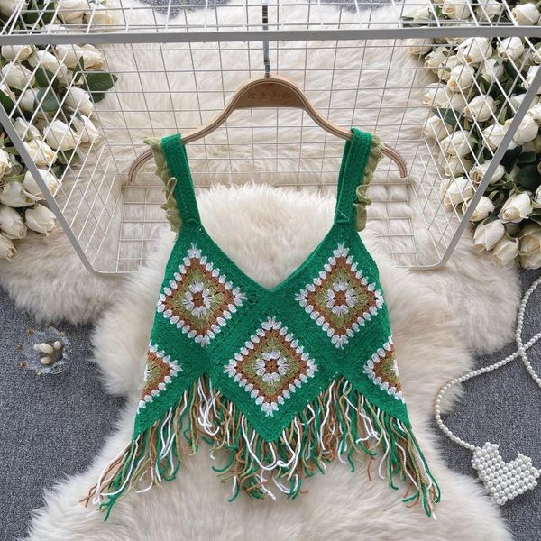 Débardeurs pour femmes Sexy Volants Crochet Fleur Creux Glands Tricot Camis Top Dos Nu Chic Crop Tops Corset Bustier Femmes Mode Sling