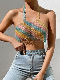 Damen-Tanktops, sexy, durchsichtiges Strass-Crop-Top für Damen, Sommer-Neckholder, Strand-Party-Tanktop, Glitzer-Diamanten, Nachtclub, Rave-Outfits, Y2K-Tops