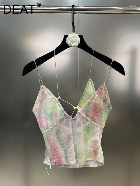 Tanques de mujer Sexy Tie Dyed Contraste Color Halter Suspenders para mujeres 2024 Colocación de verano Decoración de lentejuelas Sling Vest 11XX4441