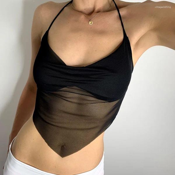 Débardeurs pour femmes Sexy Transparent Mesh Halter Tops Femmes Col V Dos Nu Coréen Solide Crop Mode Camisole 90s Tee