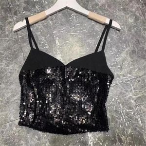 Camisola de lentejuelas negras con cuello en V para mujer, Top corto ajustado con espalda descubierta, chalecos femeninos Y4054