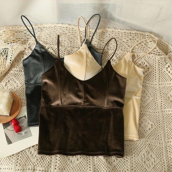 Tanques de mujer Sexy Vintage Velvet Camisole Moda Otoño Invierno Ropa para mujeres Sólido Slim Pad Pecho con cuello en V Base Top Vestido