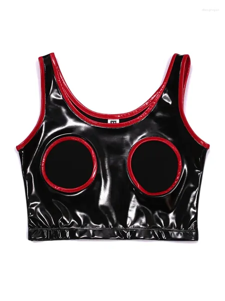 Tanques de mujer Sexy Mujeres Busto abierto Hollow Out Gracias Top Cuero de imitación Látex PU Aceite corto brillante brillante Street Wear Club Dance Etapa