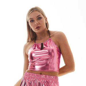 Damestanks sexy vrouwen glanzende veter crop tops halter goud zilveren kleding pu lederen strapless materiaal lederen mouwloze vesttanktops