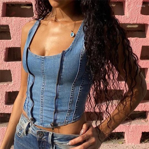 Tanks Femmes Sexy Femmes Chemise Solide Street Wear Denim Débardeur U Cou Sans Manches Fermeture À Glissière Casual Basic Court Gilet Chemises Côtelées Y2K Tenues