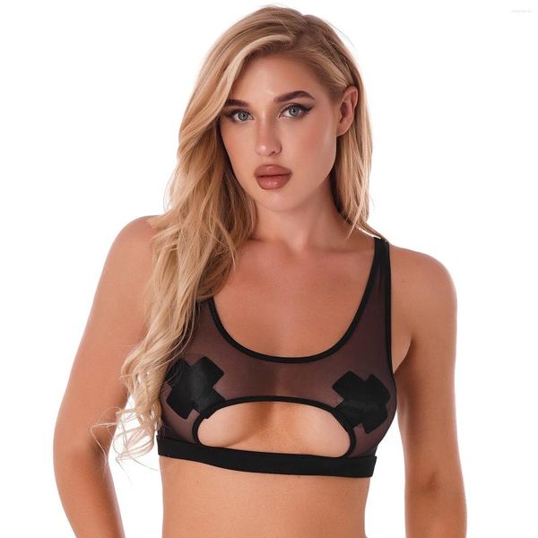 Tanques de mujer Sexy para mujer Crop Top Malla transparente Cami Recorte U Cuello Sin mangas Corsé Tops Rave Pole Dancing Outift Festival de música