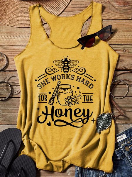 Camisetas sin mangas para mujer Ella trabaja duro para la abeja de la miel Camisetas sin mangas amarillas florales Chaleco informal para mujer Camis sin mangas Hombro Camisas de verano para mujer