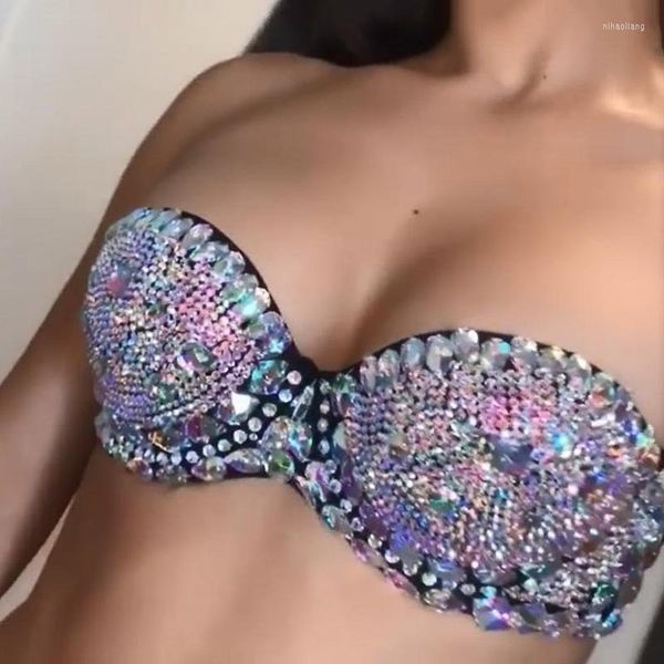 Tanques de mujer Diamante brillante Bustiers sin tirantes Mujeres sexy Corsé Bling Rhinestone Big Gems Bra Festival Party Camis Nightclub Rave Crop Tops