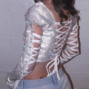 Débardeurs pour femmes diamant brillant chemises pour femmes évider Bandage débardeur fait à la main cristal strass Sexy discothèque Crop hauts Rave