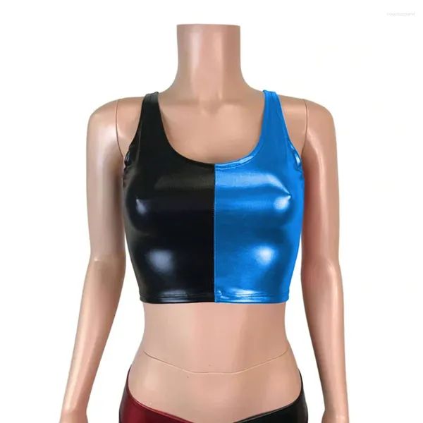 Tanques de mujer Top corto metálico brillante Sin mangas Sin mangas Patchwork de cuero sintético Tops sexys para mujer Traje rave Fetiche Fiesta gótica Clubwear 7XL